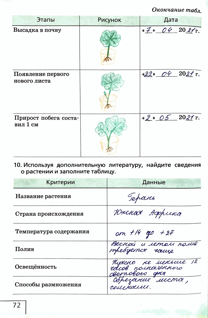 Изображение Этапы	Рисунок	ДатаВысадка в почвуПоявление первого нового листаПрирост побега составил 1 см10. Используя дополнительную литературу, найдите сведения о растении и...