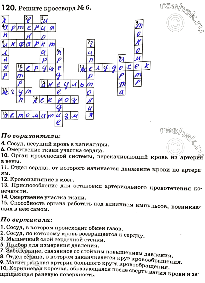 Изображение 120. Решите кроссворд №6.По горизонтали:4. Сосуд, несущий кровь в капилляры.6. Омертвение ткани участка сердца.10. Орган кровеносной системы, перекачивающий...